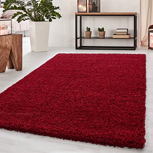 HomebyHome Teppich Wohnzimmer Shaggy 50 mm Florhöhe Rot 120x170 cm - Hochflor Teppich Schlafzimmer Einfarbig Design Extra Weich und Flauschig - Rechteckig Langflor Teppich für Küche Gästezimmer von HomebyHome