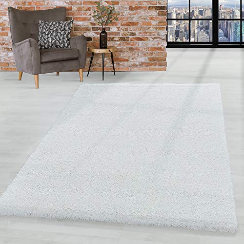 HomebyHome Teppich Wohnzimmer Hochflor Shaggy 50 mm Florhöhe Weiss 80x150 cm - Teppich Schlafzimmer Langflor Einfarbig Design Moderne und Extra Weich - Teppich Flauschig Flur Läufer von HomebyHome