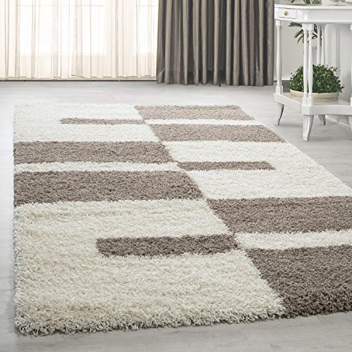 HomebyHome Teppich Wohnzimmer und Schlafzimmer Shaggy Teppich Kariert Moderne Design Beige und Weiss 120x170 cm - Hochflor Teppich Wohnzimmer Extra Weich Pflegeleicht - Carpet Living Room von HomebyHome