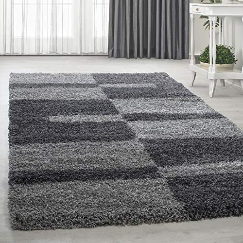 HomebyHome Teppich Wohnzimmer und Schlafzimmer Shaggy Teppich Kariert Moderne Design Grau und Anthrazit 240x340 cm - Hochflor Teppich Wohnzimmer Extra Weich Pflegeleicht - Carpet Living Room von HomebyHome