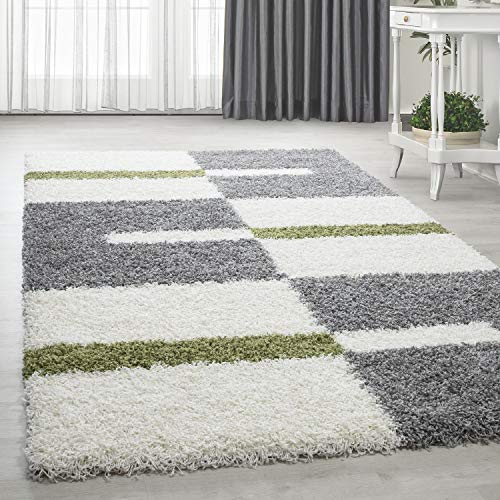 HomebyHome Teppich Wohnzimmer und Schlafzimmer Shaggy Teppich Kariert Moderne Design Grün Grau und Weiss Läufer 100x200 cm - Hochflor Teppich Wohnzimmer Extra Weich Pflegeleicht - Carpet Living Room von HomebyHome