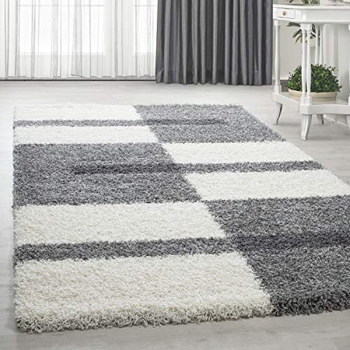 HomebyHome Teppich Wohnzimmer und Schlafzimmer Shaggy Teppich Kariert Moderne Design Hellgrau Grau und Weiss 240x340 cm - Hochflor Teppich Wohnzimmer Extra Weich Pflegeleicht - Carpet Living Room von HomebyHome