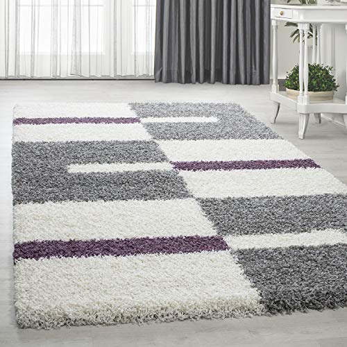 HomebyHome Teppich Wohnzimmer und Schlafzimmer Shaggy Teppich Kariert Moderne Design Lila Grau und Weiss 140x200 cm - Hochflor Teppich Wohnzimmer Extra Weich Pflegeleicht - Carpet Living Room von HomebyHome