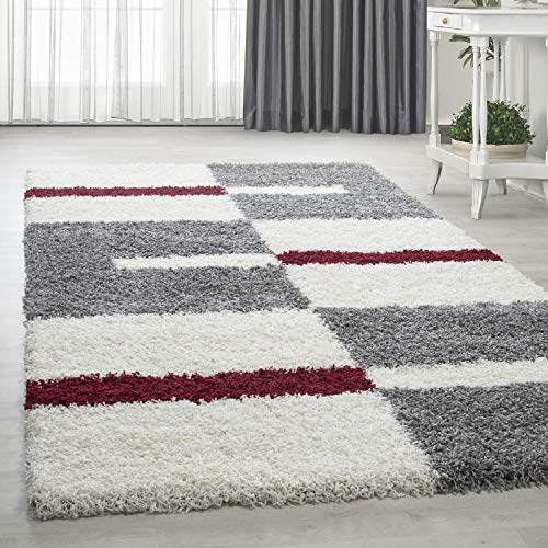 HomebyHome Teppich Wohnzimmer und Schlafzimmer Shaggy Teppich Kariert Moderne Design Rot Grau und Weiss Läufer 100x200 cm - Hochflor Teppich Wohnzimmer Extra Weich Pflegeleicht - Carpet Living Room von HomebyHome