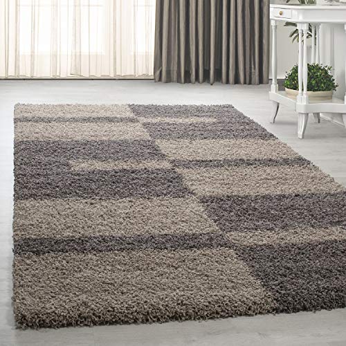 HomebyHome Teppich Wohnzimmer und Schlafzimmer Shaggy Teppich Kariert Moderne Design Taupe und Beige 120x170 cm - Hochflor Teppich Wohnzimmer Extra Weich Pflegeleicht - Carpet Living Room von HomebyHome