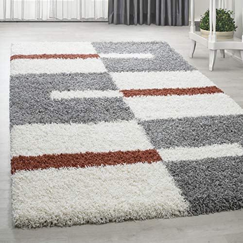 HomebyHome Teppich Wohnzimmer und Schlafzimmer Shaggy Teppich Kariert Moderne Design Terra Grau und Weiss Läufer 100x200 cm - Hochflor Teppich Wohnzimmer Extra Weich Pflegeleicht - Carpet Living Room von HomebyHome