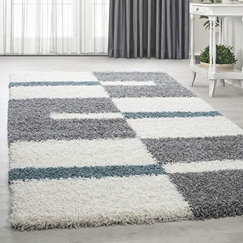 HomebyHome Teppich Wohnzimmer und Schlafzimmer Shaggy Teppich Kariert Moderne Design Türkis Grau und Weiss 140x200 cm - Hochflor Teppich Wohnzimmer Extra Weich Pflegeleicht - Carpet Living Room von HomebyHome