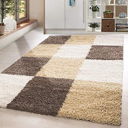 HomebyHome Teppich Wohnzimmer Shaggy Hochflor Mocca Rechteckig 120x170 cm Kariert Design - Flauschiger Teppich Schlafzimmer Moderne Extra Weich Pflegeleicht im 14 Farben - Carpet Living Room von HomebyHome