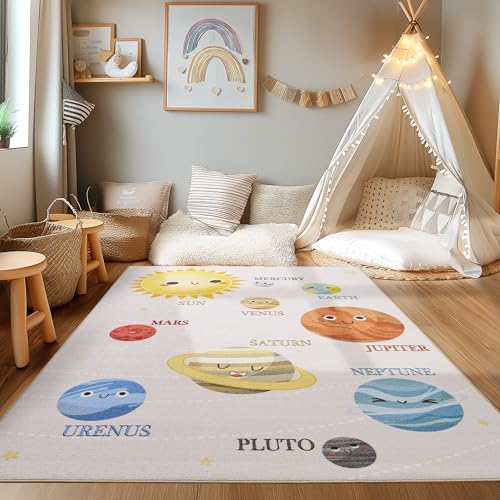 HomebyHome Teppich Kinderzimmer Planeten Muster Jungen-Mädchen Kinderteppich Beige Babyzimmer Teppich 100 x 150 cm von HomebyHome