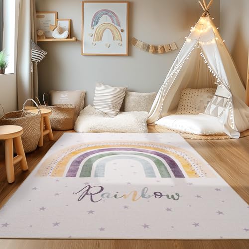 HomebyHome Teppich Kinderzimmer Regenbogen Muster Jungen-Mädchen Kinderteppich Creme Babyzimmer Teppich 120 x 170 cm von HomebyHome