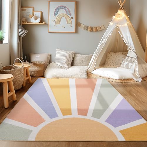 HomebyHome Kurzflor Kinderteppich für Jungen und Mädchen 140 x 200 cm Multicolor Sonnen Design - Waschbarer Teppich Extra Weich und Antiallergen - Teppich für Kinderzimmer, Babyzimmer und Spielzimmer von HomebyHome