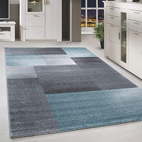 HomebyHome Teppich Wohnzimmer 200x290 cm Grau und Blau Kariert Design - Schlafzimmer Teppich Kurzflor Extra Weich Pflegeleicht Teppiche Waschbar für Küche Esszimmer - Carpet Living Room Halı von HomebyHome