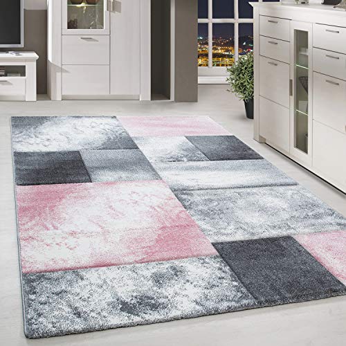 HomebyHome Teppich Wohnzimmer 120x170 cm Rosa Kariert Konturschnitt Design - Schlafzimmer Teppich Kurzflor Extra Weich Pflegeleicht Teppiche für Küche Esszimmer Jugendzimmer - Carpet Living Room von HomebyHome