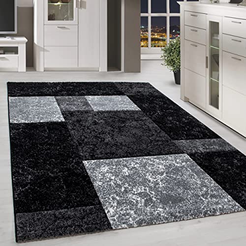 HomebyHome Teppich Wohnzimmer 140x200 cm Schwarz Kariert Konturschnitt Design - Schlafzimmer Teppich Kurzflor Extra Weich Pflegeleicht Teppiche für Küche Esszimmer Jugendzimmer - Carpet Living Room von HomebyHome