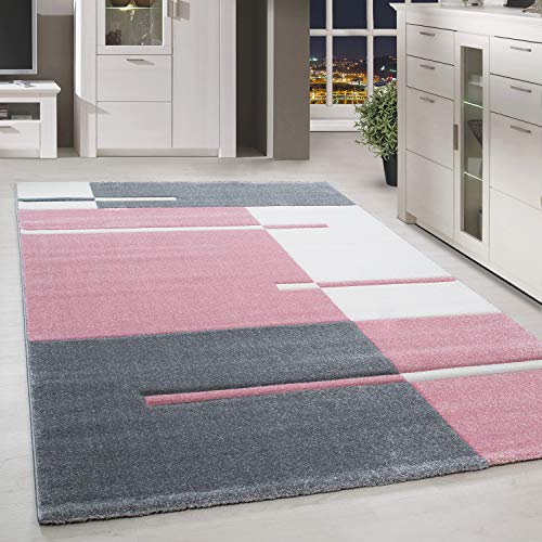 HomebyHome Teppich Wohnzimmer 240x340 cm Rosa Kariert Konturschnitt Design - Schlafzimmer Teppich Kurzflor Extra Weich Pflegeleicht Teppiche für Küche Esszimmer Jugendzimmer - Carpet Living Room von HomebyHome