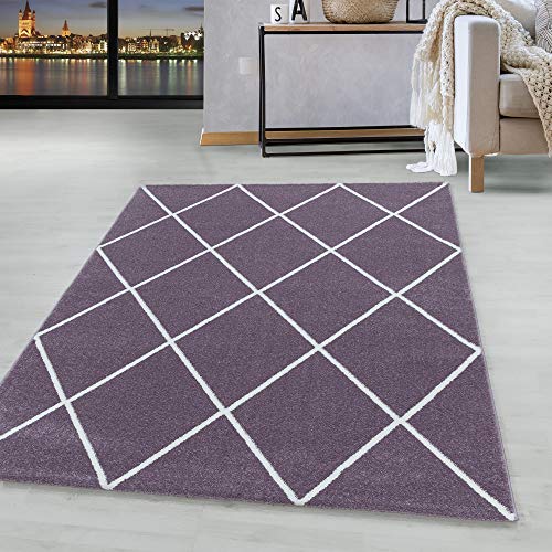 HomebyHome Teppich Kurzflor Raute Linien Design Wohnzimmer 8 mm Florhöhe Hochfertig Weich Rechteckig Läufer Lila, Farbe:Lila, Grösse:80x150 cm von HomebyHome