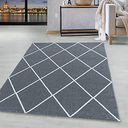 HomebyHome Teppich Kurzflor Raute Linien Design Wohnzimmer 8 mm Florhöhe Hochfertig Weich Rechteckig Läufer Silber, Farbe:Silber, Grösse:120x170 cm von HomebyHome