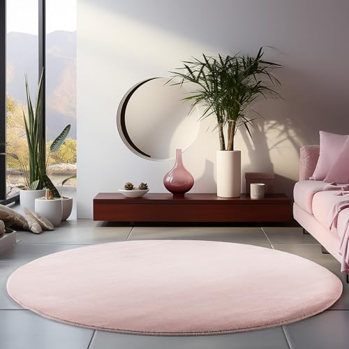 HomebyHome Teppich Wohnzimmer 120 cm Rund Rosa Waschbarer Kurzflor Teppiche Einfarbig Moderne Design - Küchenteppich Waschbar rutschfest Extra Weich Flauschiger Teppiche für Schlafzimmer Kinderzimmer von HomebyHome