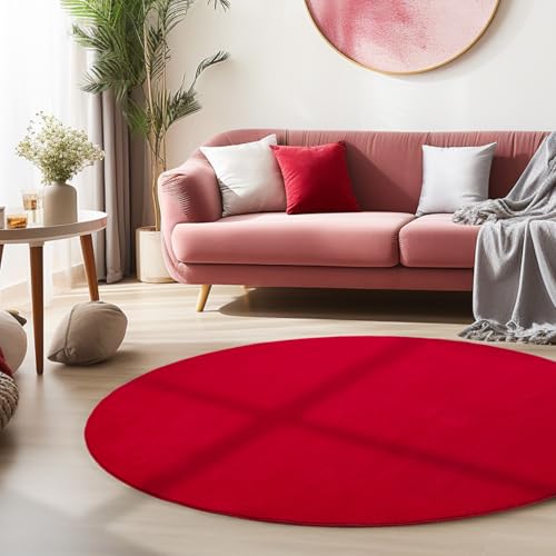 HomebyHome Teppich Wohnzimmer 120 cm Rund Rot Waschbarer Kurzflor Teppiche Einfarbig Moderne Design - Küchenteppich Waschbar rutschfest Extra Weich Flauschiger Teppiche für Schlafzimmer Kinderzimmer von HomebyHome