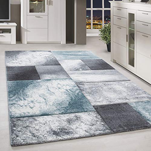 HomebyHome Teppich Wohnzimmer 120x170 cm Blau Kariert Konturschnitt Design - Schlafzimmer Teppich Kurzflor Extra Weich Pflegeleicht Teppiche für Küche Esszimmer Jugendzimmer - Carpet Living Room von HomebyHome