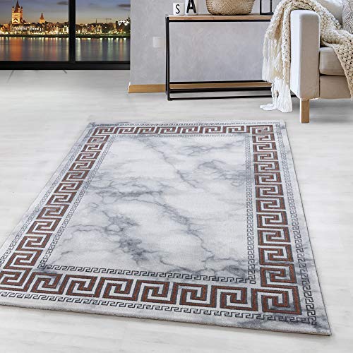 HomebyHome Teppich Wohnzimmer 120x170 cm Grau und Bronze 3D Greek Bordüre Marmor Design - Schlafzimmer Teppich Kurzflor Extra Weich Pflegeleicht Teppiche für Küche Esszimmer - Carpet Living Room von HomebyHome