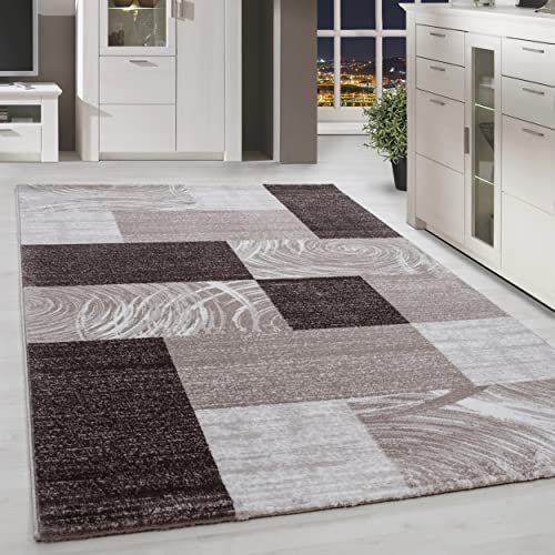 HomebyHome Teppich Wohnzimmer 120x170 cm Rechteckig Braun Kurzflor Kariert Design - Teppich Schlafzimmer, Esszimmer, Küche Flauschiger Extra Weich Tepich Waschbär Einfache Reinigung von HomebyHome