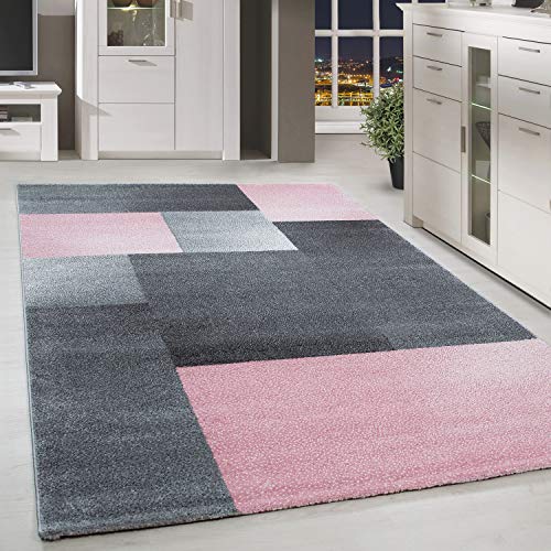 HomebyHome Teppich Wohnzimmer 140x200 cm Grau und Rosa Kariert Design - Schlafzimmer Teppich Kurzflor Extra Weich Pflegeleicht Teppiche Waschbar für Küche Esszimmer - Carpet Living Room von HomebyHome