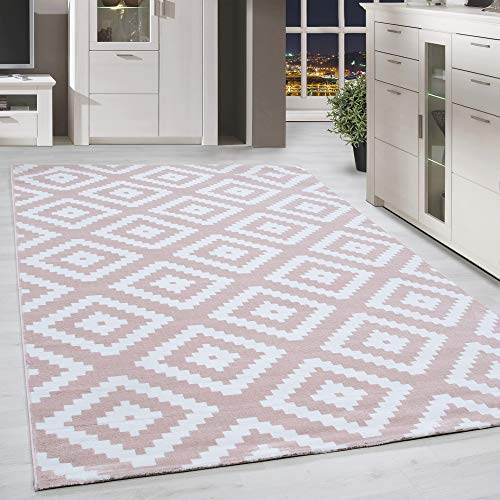 HomebyHome Teppich Wohnzimmer 140x200 cm Rosa und Weiss Moderne Skandinavisch Design - Esszimmer und Schlafzimmer Teppich Kurzflor Teppiche Extra Weich Pflegeleicht - Boho Ethno Carpet Living Room von HomebyHome