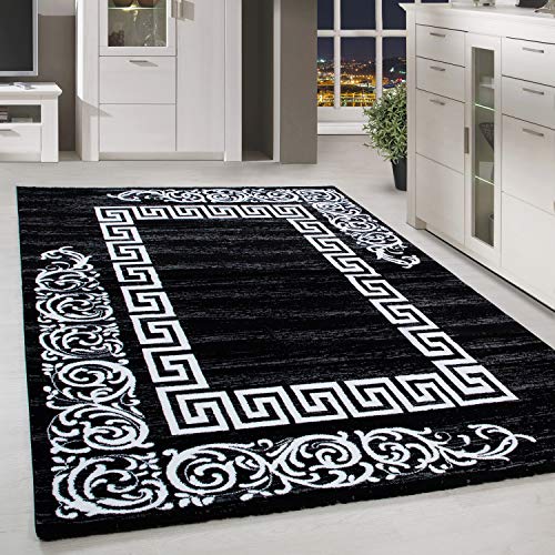 HomebyHome Teppich Wohnzimmer 140x200 cm Schwarz und Weiss Greek Bordüre Design - Schlafzimmer Teppich Kurzflor Extra Weich Pflegeleicht Teppiche Waschbar Küche Esszimmer - Carpet Living Room von HomebyHome