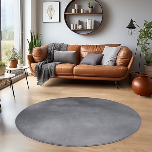 HomebyHome Teppich Wohnzimmer 160 cm Rund Grau Waschbarer Kurzflor Teppiche Einfarbig Moderne Design - Küchenteppich Waschbar rutschfest Extra Weich Flauschiger Teppiche für Schlafzimmer Kinderzimmer von HomebyHome