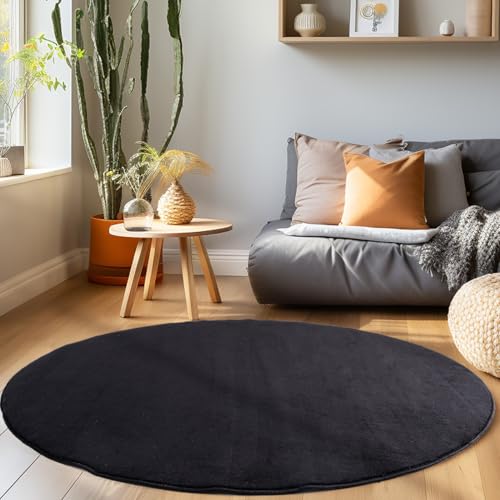 HomebyHome Teppich Wohnzimmer 160 cm Rund Schwarz Waschbarer Kurzflor Teppiche Einfarbig Moderne Design - Küchenteppich Waschbar rutschfest Extra Weich Flauschig Teppich für Schlafzimmer Kinderzimmer von HomebyHome