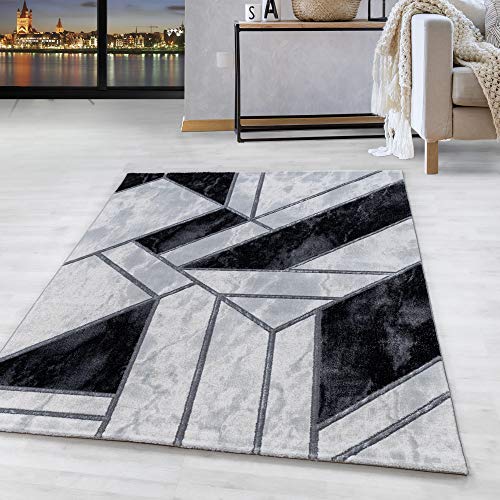 HomebyHome Teppich Wohnzimmer 160x230 cm Grau Schwarz und Silber 3D Kariert Marmor Design - Schlafzimmer Teppich Kurzflor Extra Weich Pflegeleicht Teppiche für Küche Esszimmer - Carpet Living Room von HomebyHome