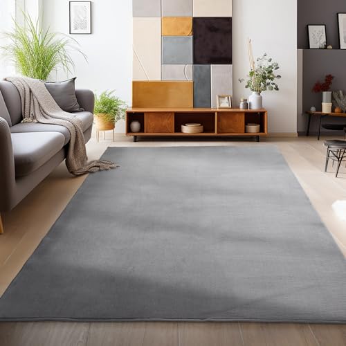 HomebyHome Teppich Wohnzimmer 160x230 cm Grau Waschbarer Kurzflor Teppiche Einfarbig Moderne Design - Küchenteppich Waschbar rutschfest Extra Weich Flauschiger Teppiche für Schlafzimmer Kinderzimmer von HomebyHome