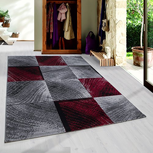 HomebyHome Teppich Wohnzimmer 160x230 cm Rot Moderne Kariert Design - Esszimmer und Schlafzimmer Teppich Kurzflor Teppich Extra Weich Pflegeleicht - Carpet Living Room von HomebyHome