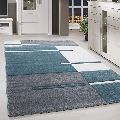 HomebyHome Teppich Wohnzimmer 280x370 cm Blau Kariert Konturschnitt Design - Schlafzimmer Teppich Kurzflor Extra Weich Pflegeleicht Teppiche für Küche Esszimmer Jugendzimmer - Carpet Living Room von HomebyHome