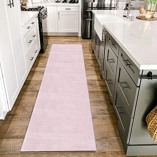 HomebyHome Kurzflor Teppich Läufer Flur 60 x 110 cm Rosa - Waschbarer Teppich für Schlafzimmer, Wohnzimmer und Ideal als Küchenteppich - Flauschiger Teppich Extra Weich, Einfarbig, rutschfest, Klein von HomebyHome
