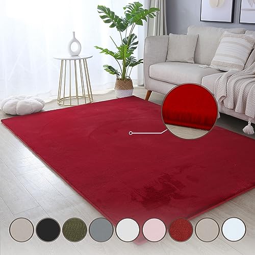 HomebyHome Teppich Wohnzimmer 80x150 cm Läufer Flur Rot Waschbarer Hochflor Flauschiger Teppiche Moderne Design - Küchenteppich Waschbar Shaggy Extra Weich Teppich für Schlafzimmer Küchenläufer von HomebyHome