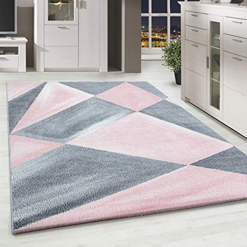 HomebyHome Teppich Wohnzimmer 80x250 cm Läufer Flur Rosa Geometrisch Abstrakt Design - Schlafzimmer Teppich Kurzflor Extra Weich Pflegeleicht Teppiche für Küche Esszimmer Jugendzimmer von HomebyHome