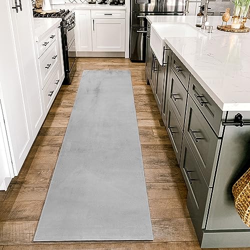 HomebyHome Teppich Wohnzimmer 80x250 cm Läufer Flur Silber Waschbarer Hochflor Flauschiger Teppiche Moderne Design - Küchenteppich Waschbar Shaggy Extra Weich Teppich für Schlafzimmer Küchenläufer von HomebyHome