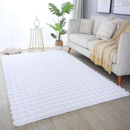 HomebyHome Hochflor Teppich - Flauschiger 3D Moderner Einfarbiger Wohnzimmerteppich 120x170 cm Weiss - Kunstfell Shaggy für Schlafzimmer, Kinderzimmer und Flur Extra Weich von HomebyHome