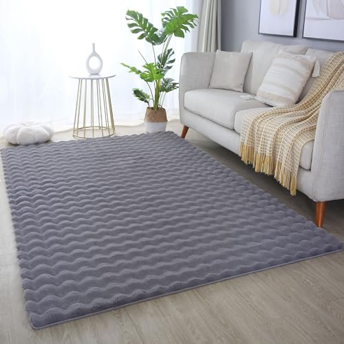 HomebyHome Teppich Wohnzimmer Hochflor Flauschiger Teppich 3D Moderne Einfarbig Design 140x200 cm Grau - Kunstfell Shaggy Flauschiger Teppich für Schlafzimmer Kinderzimmer und Flur Extra Weich von HomebyHome