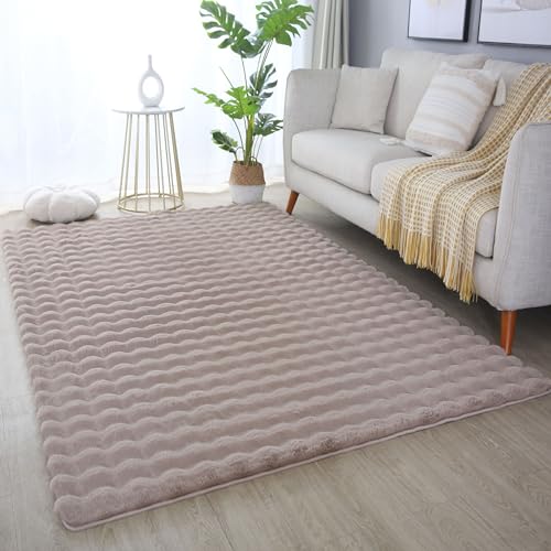 HomebyHome Teppich Wohnzimmer Hochflor Flauschiger Teppich 3D Moderne Einfarbig Design 80x250 cm Beige - Kunstfell Shaggy Flauschiger Teppich für Schlafzimmer Kinderzimmer und Flur Extra Weich von HomebyHome