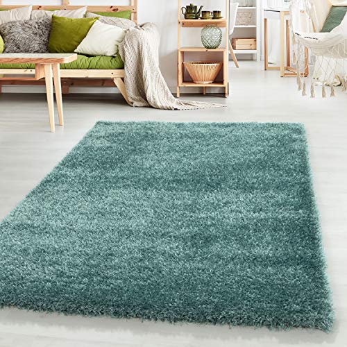 HomebyHome Teppich Wohnzimmer Hochflor Shaggy Aqua 160x230 cm 50 mm Florhöhe - Teppich Schlafzimmer Langflor Einfarbig Design Moderne und Extra Weich - Teppich Flauschig Läufer Flur Rechteckig von HomebyHome