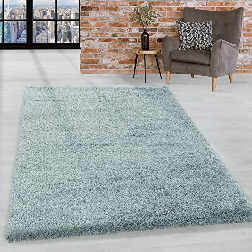 HomebyHome Teppich Wohnzimmer Hochflor Shaggy Blau 140x200 cm 50 mm Florhöhe - Teppich Schlafzimmer Langflor Einfarbig Design Moderne und Extra Weich - Teppich Flauschig Flur Läufer Rechteckig von HomebyHome