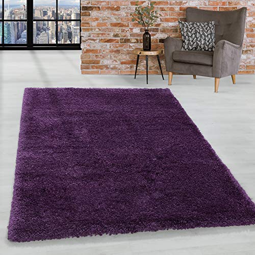 HomebyHome Teppich Wohnzimmer Hochflor Shaggy Lila 120x170 cm 50 mm Florhöhe - Teppich Schlafzimmer Langflor Einfarbig Design Moderne und Extra Weich - Teppich Flauschig Flur Läufer Rechteckig von HomebyHome