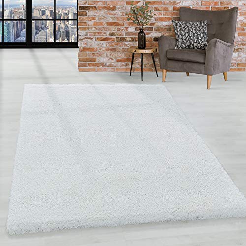 HomebyHome Teppich Wohnzimmer Hochflor Shaggy Weiss 120x170 cm 50 mm Florhöhe - Teppich Schlafzimmer Langflor Einfarbig Design Moderne und Extra Weich - Teppich Flauschig Flur Läufer Rechteckig von HomebyHome