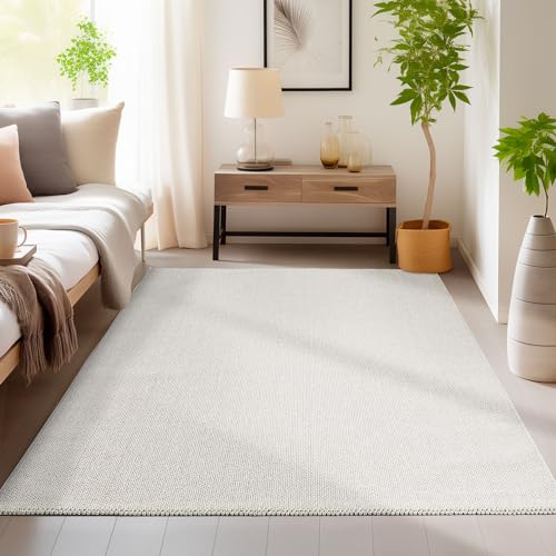 HomebyHome Langlebiger Teppich Cut-Loop Creme 140 x 200 cm - Kurzflor Schlingenteppich für Wohnzimmer, Schlafzimmer - Dekorativer Melierter Struktur Moderner Küchenteppich von HomebyHome