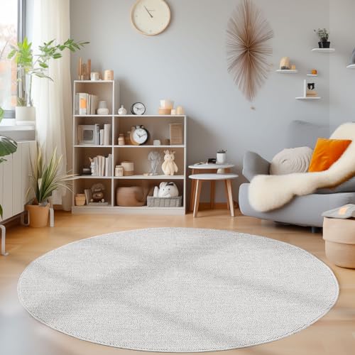 HomebyHome Teppich Wohnzimmer Langlebig Robuster Teppich Cut-Loop Silber 160 cm Rund - Kurzflor Schlingenteppich Schlafzimmer Dekorativer Teppich Meliert Struktur Moderner Küchenteppich Schlingenflor von HomebyHome