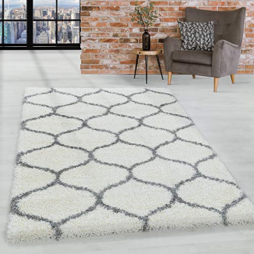 HomebyHome Teppich Wohnzimmer Modernem Kachelmuster Shaggy Creme 120 cm Rund - Hochflor Teppich Schlafzimmer Skandinavisches Design Extra Weich - Langflor Teppich Flauschig Runder Teppich Küche von HomebyHome