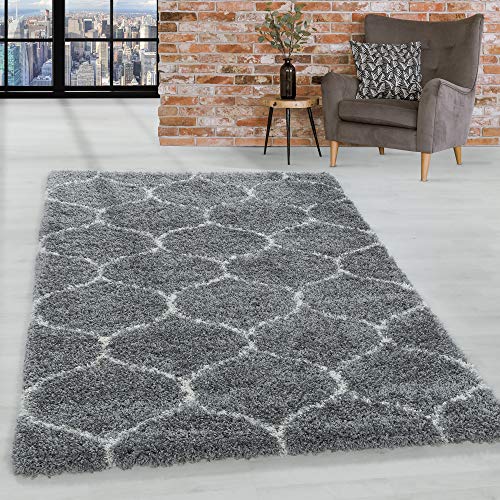 HomebyHome Teppich Wohnzimmer Modernem Kachelmuster Shaggy Grau 140x200 cm - Hochflor Teppich Schlafzimmer Skandinavisches Design Extra Weich - Langflor Teppich Flauschig Waschbarer Teppich Küche von HomebyHome